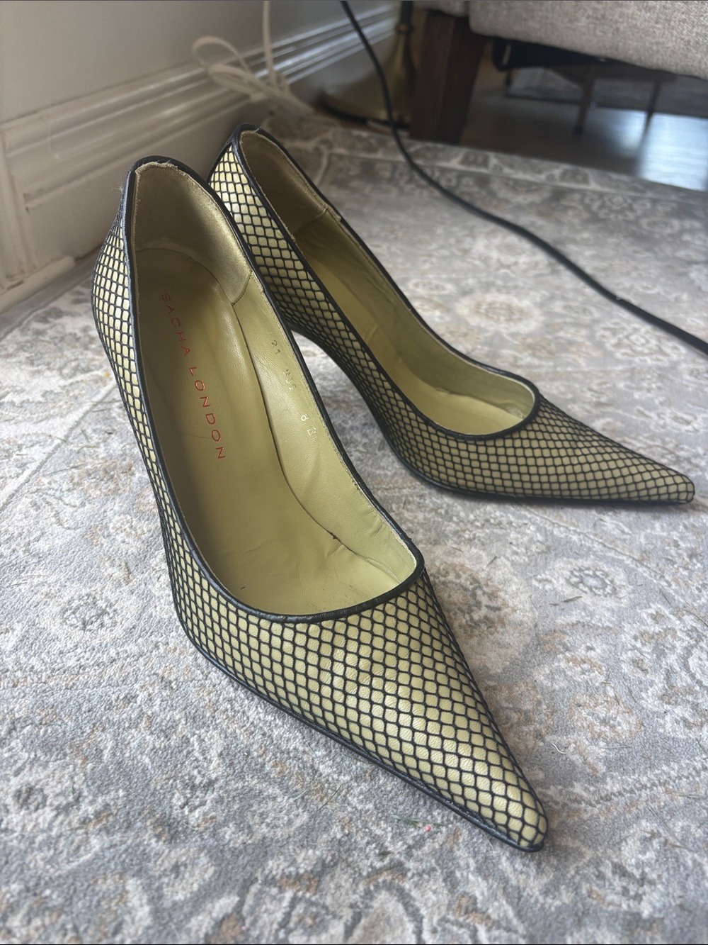Sacha London Yellow Mesh Pointed Toe Pumps with Black Trim